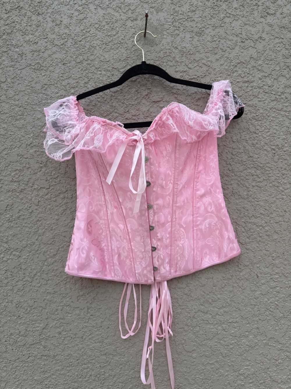 Pink Lace Off-Shoulder Corset Top with Ribbon Tie